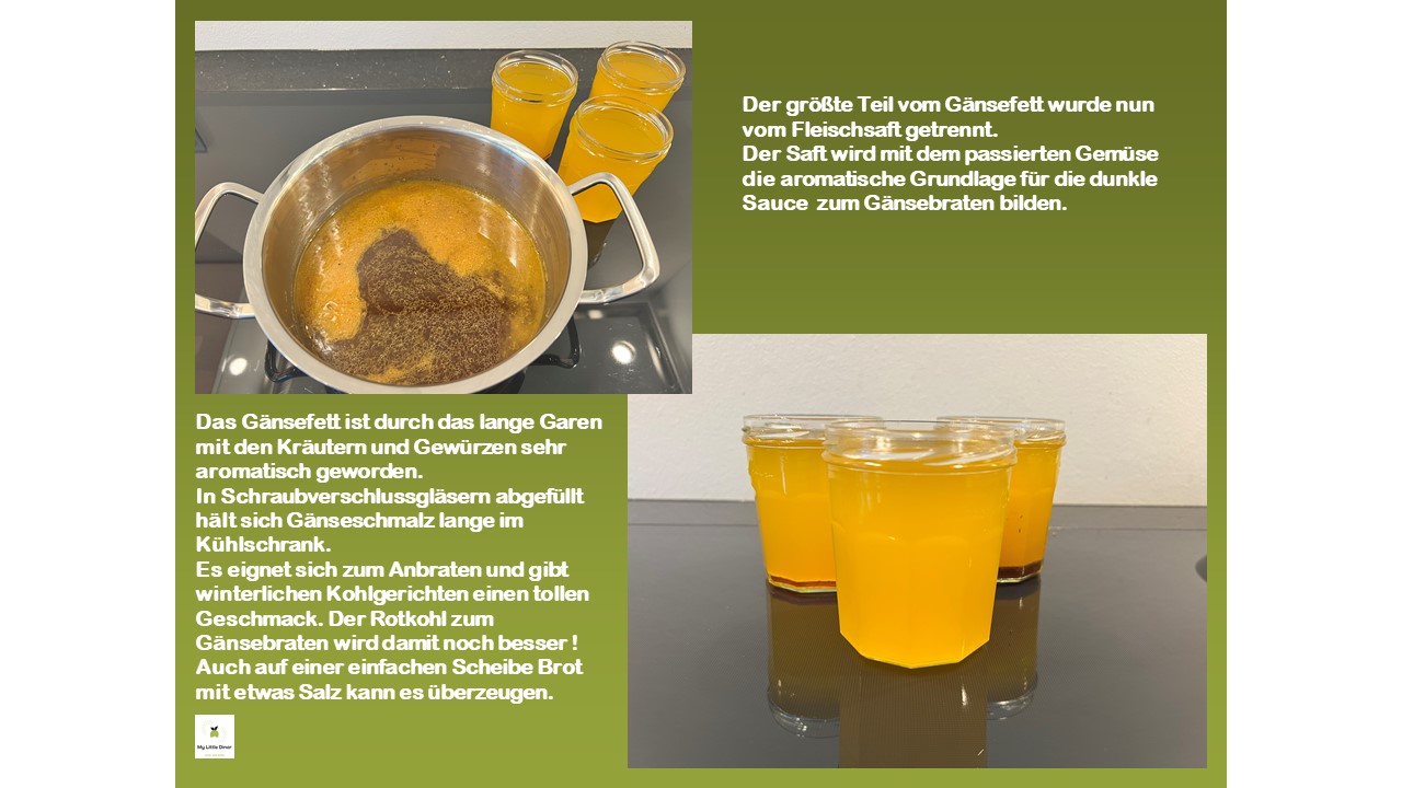 Bild zeigt Rezept knuspriger Gänsebraten mit Niedrigtemperatur zubereitet - Gänsefett Gänseschmalz abfüllen und verschließen - Geschenk aus der Küche