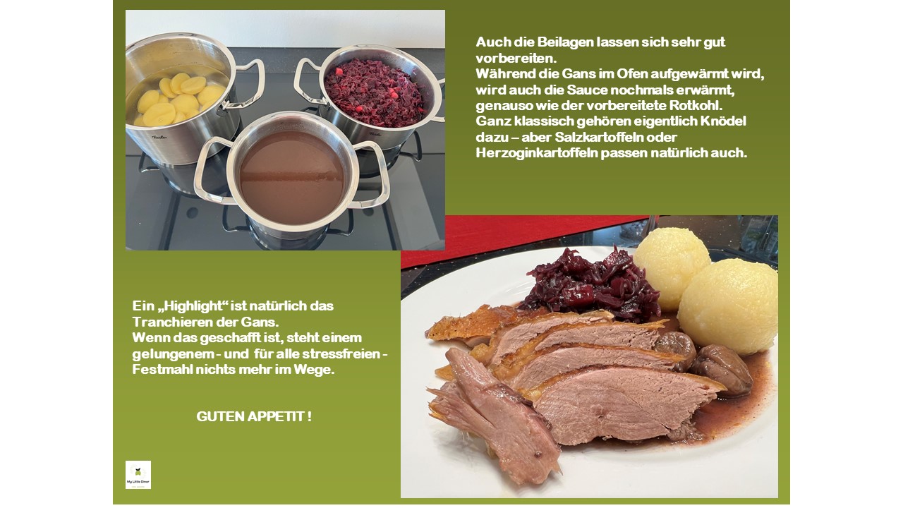 Bild zeigt Rezept knuspriger Gänsebraten mit Niedrigtemperatur zubereitet - Schlussbild mit vorbereiteten Beilagen und Serviervorschlag