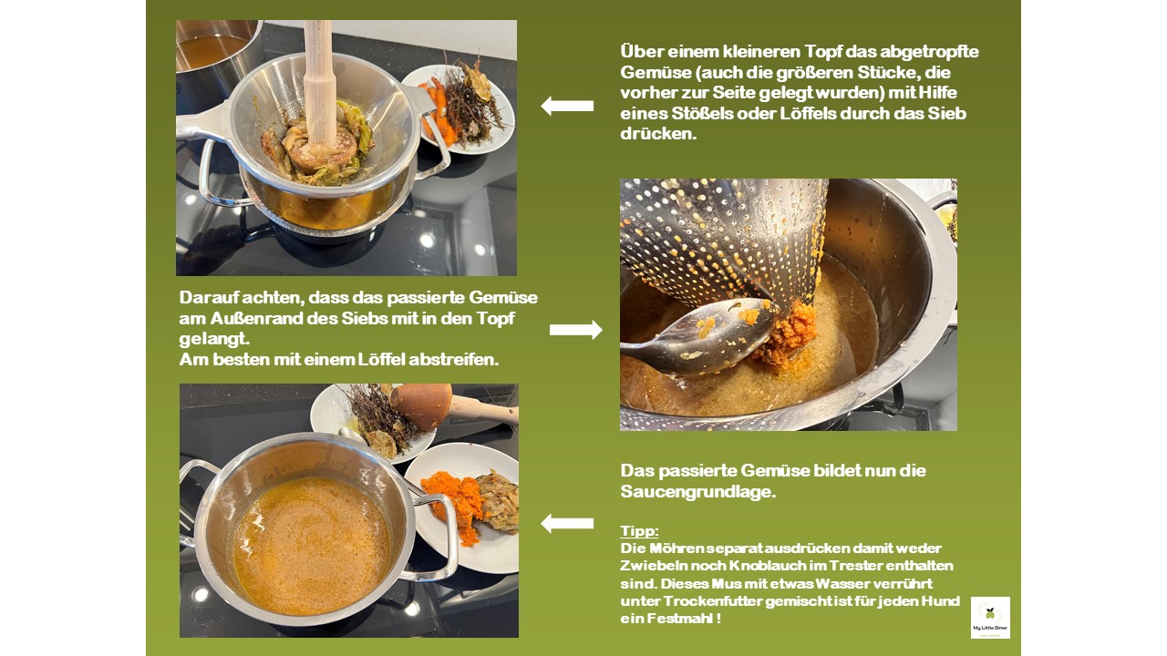 Bild zeigt Rezept knuspriger Gänsebraten mit Niedrigtemperatur zubereitet - abgetropftes Gemüse passieren