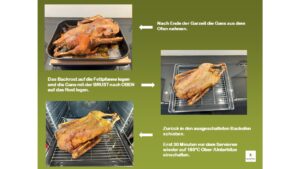 Bild zeigt Rezept knuspriger Gänsebraten mit Niedrigtemperatur zubereitet - Gans aus dem Ofen nehmen und mit Brust nach oben auf Rost setzen